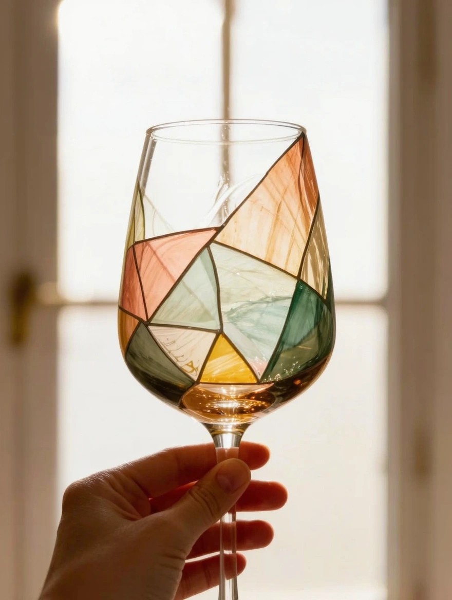 A hand holds a clear-stemmed wine glass painted with multicolored geometric mosaic patterns on the bowl against a sunlit window.