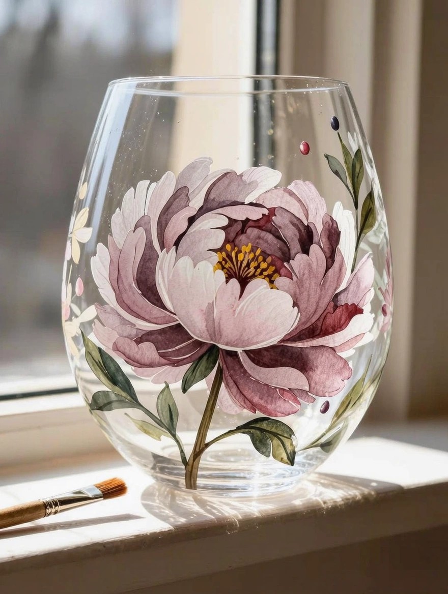 Clear stemmed wine glass painted with a large pink and purple peony flower, green leaves, and small berry dots sits on a windowsill next to a thin paintbrush.