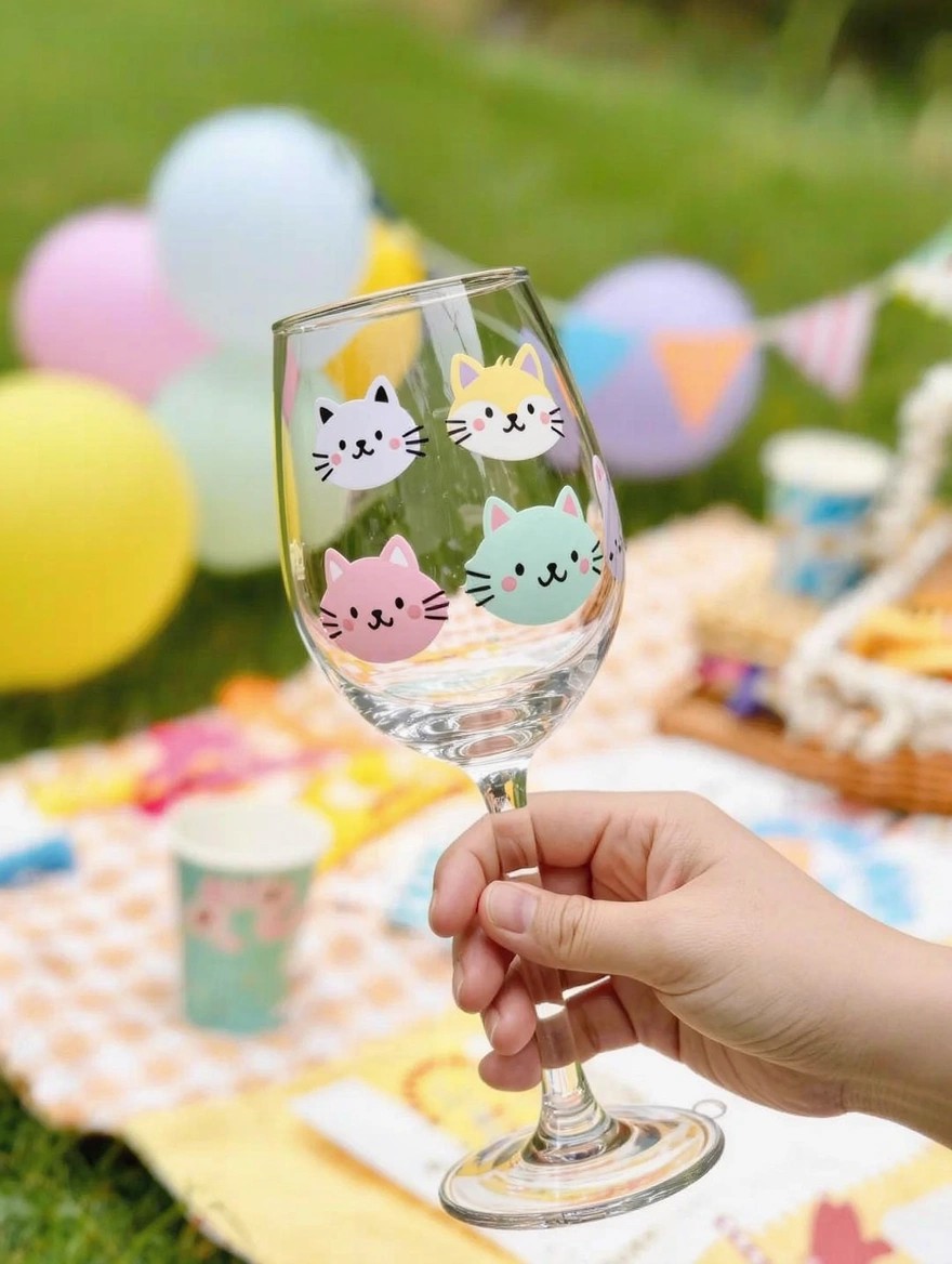A clear wine glass with four colorful cat faces painted on the bowl, held by a hand over a picnic blanket with balloons and party decorations in the background.