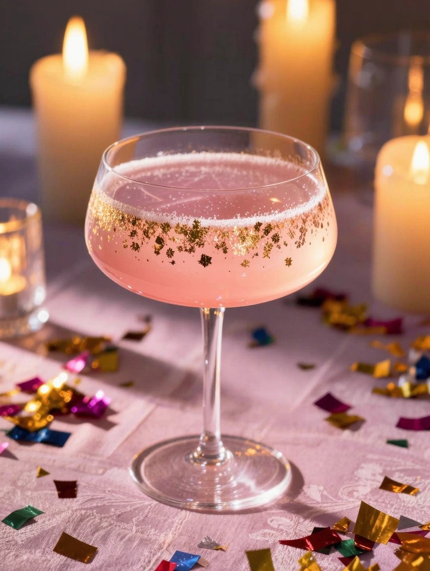 A coupe champagne glass filled with pink fizzy liquid topped with gold glitter flecks sits amid colorful confetti and candles on a pink tablecloth.