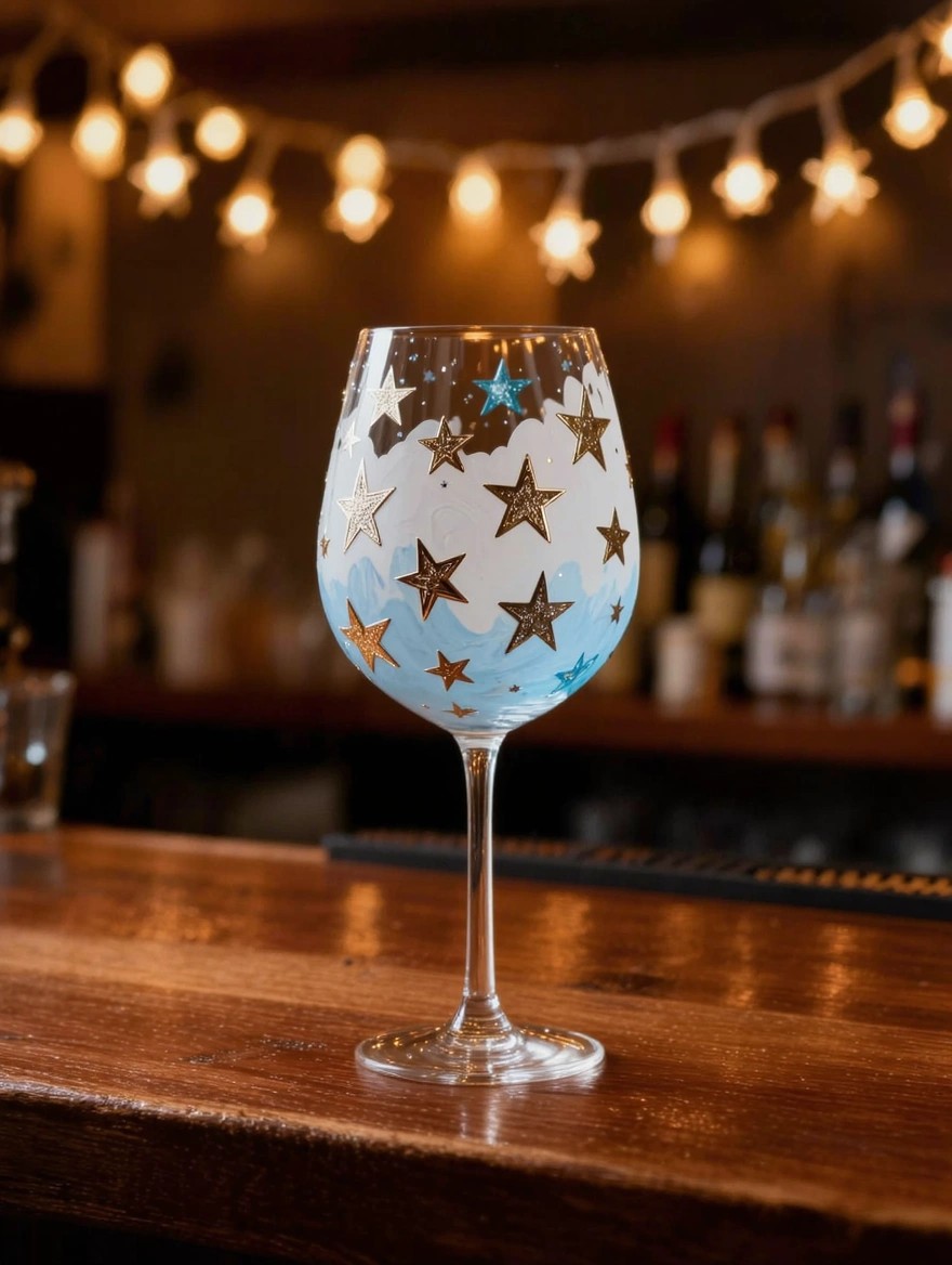 A stemmed wine glass painted with a translucent blue cloudy background and scattered white-outlined, blue, and gold glitter stars sits on a wooden bar with blurred bottles and string lights behind it.