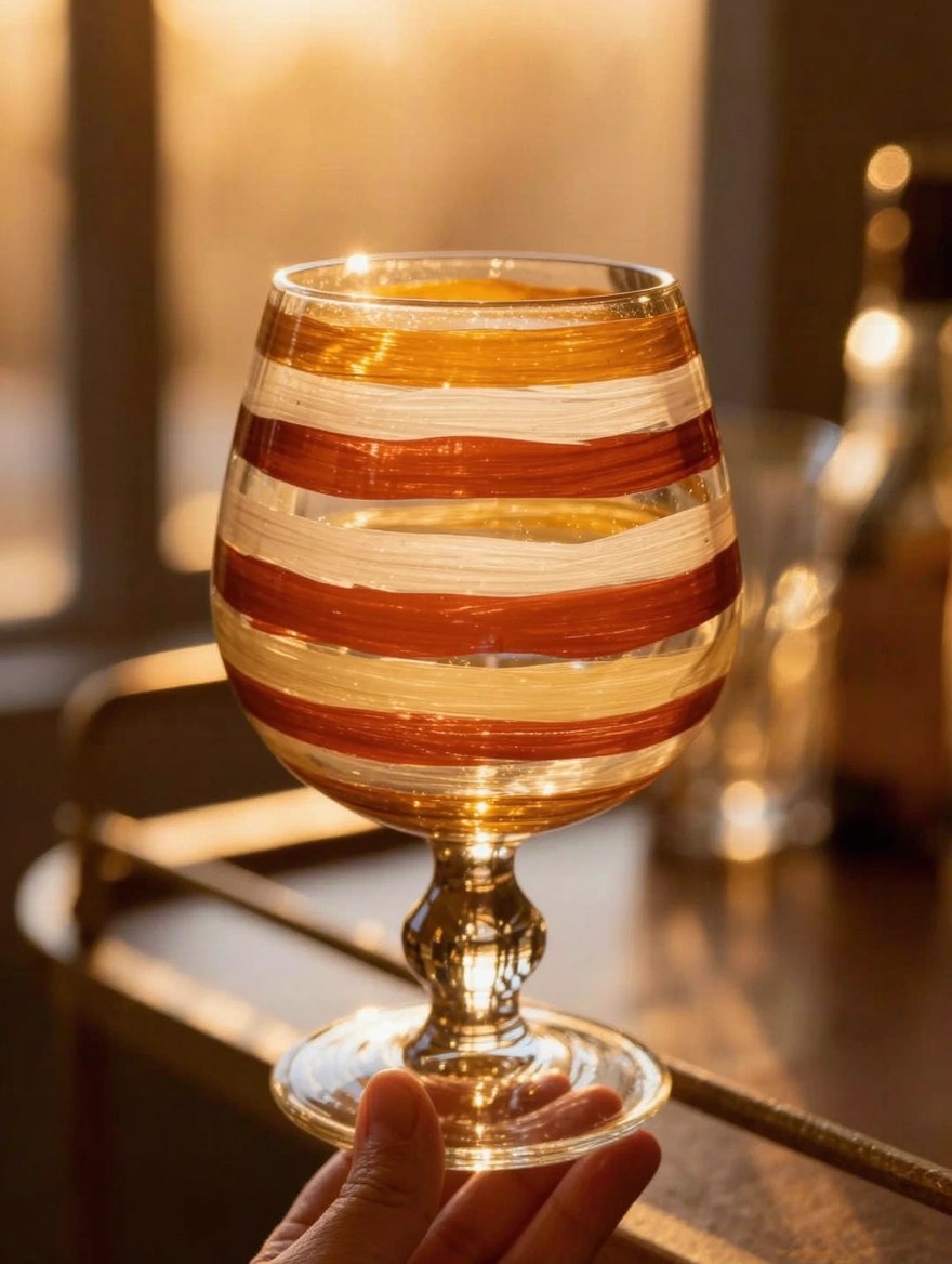 A hand holds a stemmed wine glass with hand-painted wavy stripes in orange, cream, and gold, lit by sunlight on a wooden bar cart.