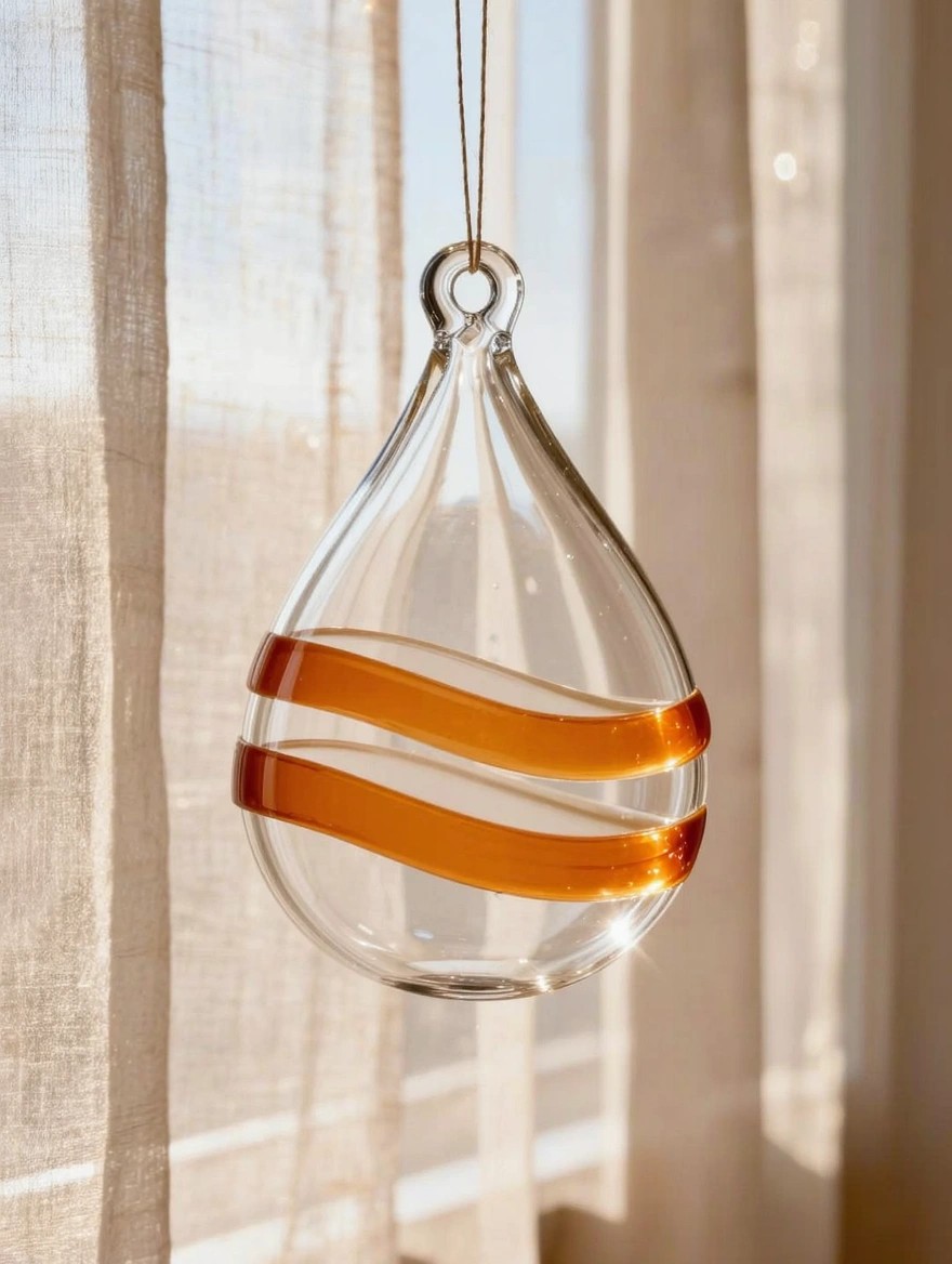 A clear teardrop-shaped glass ornament with two wavy translucent orange bands hangs from string in front of beige curtains with sunlight filtering through.