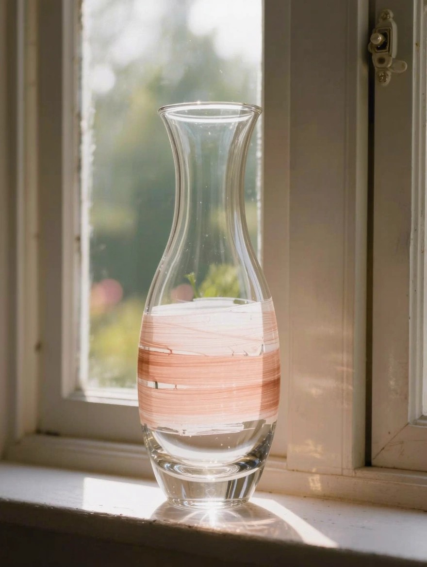 A clear glass vase with horizontal bands of translucent peach brush strokes sits on a sunlit windowsill next to an open window.