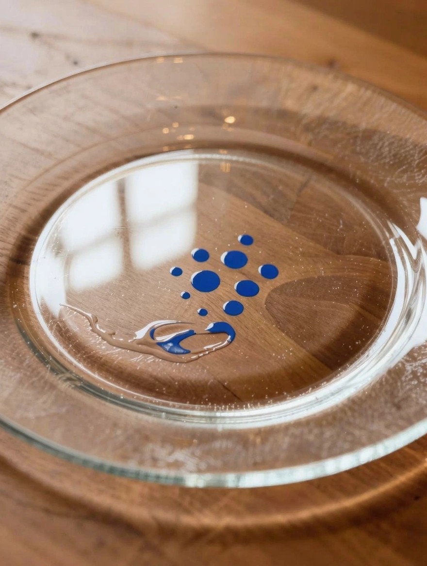 A clear round glass plate on a wooden table painted with a cluster of small blue dots and some paint drips.