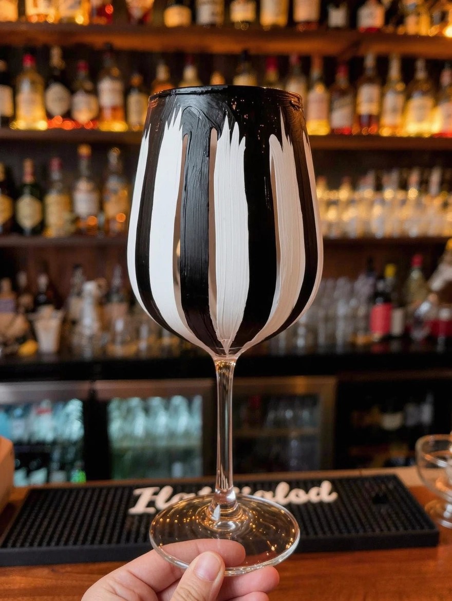 A hand holds a stemmed wine glass painted with black and white vertical stripes on the bowl, set on a bar mat in front of liquor bottle shelves.