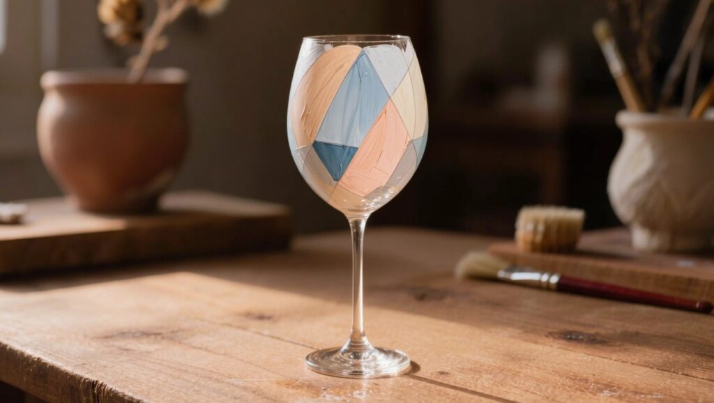 Stemmed wine glass painted with overlapping triangles in pastel peach, teal, gray, and white sits on a wooden table next to paintbrushes and a terracotta pot.
