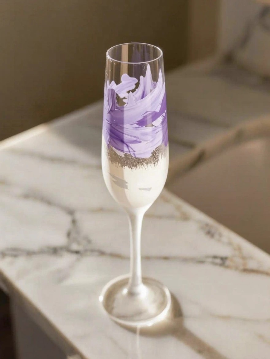 Clear champagne flute with purple abstract brushstrokes on the upper bowl and textured gold band midway down, on a white marble surface.
