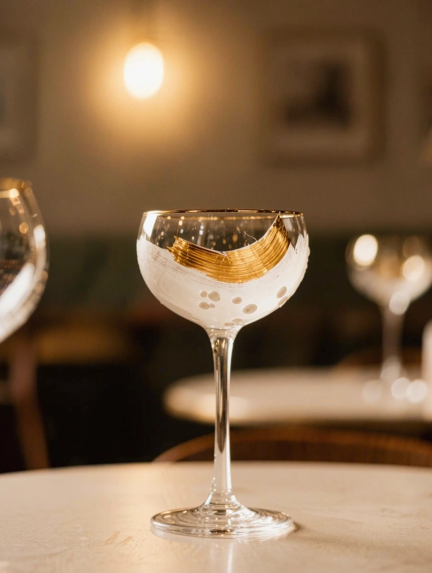 A clear coupe wine glass painted with white areas, gold brush strokes, and a gold rim sits on a round table in a warmly lit setting.