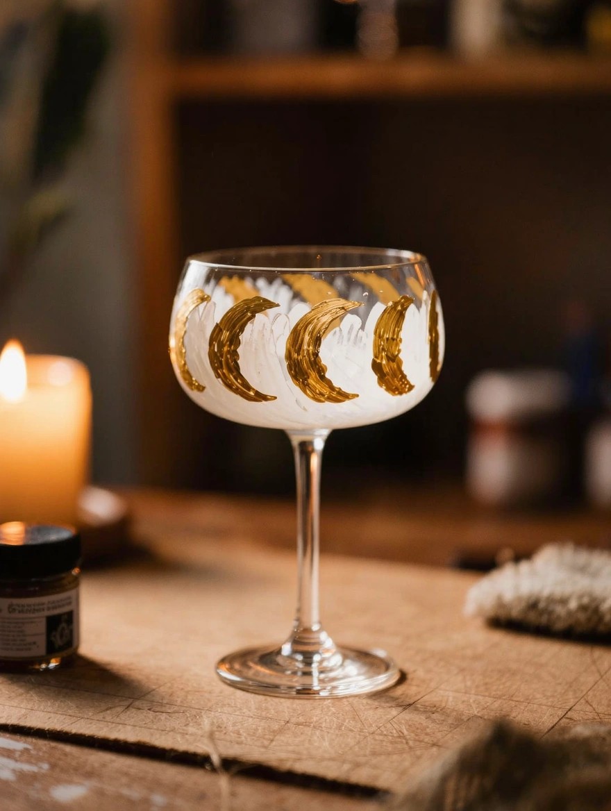 A stemmed wine glass with gold-painted crescent moons on a milky white bowl stands on a wooden surface next to a candle and small jar.