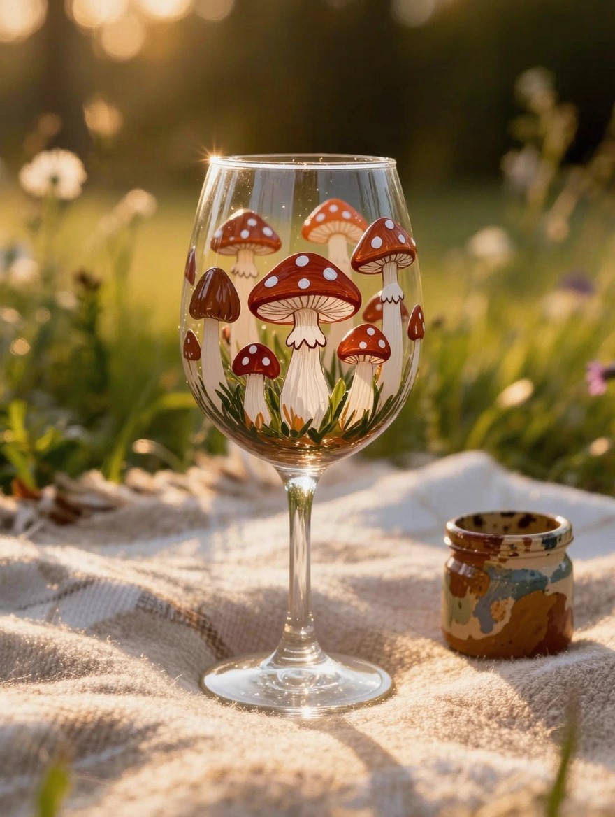 Clear stemmed wine glass painted with red spotted mushrooms, grass, and flowers on a picnic blanket next to a small jar.