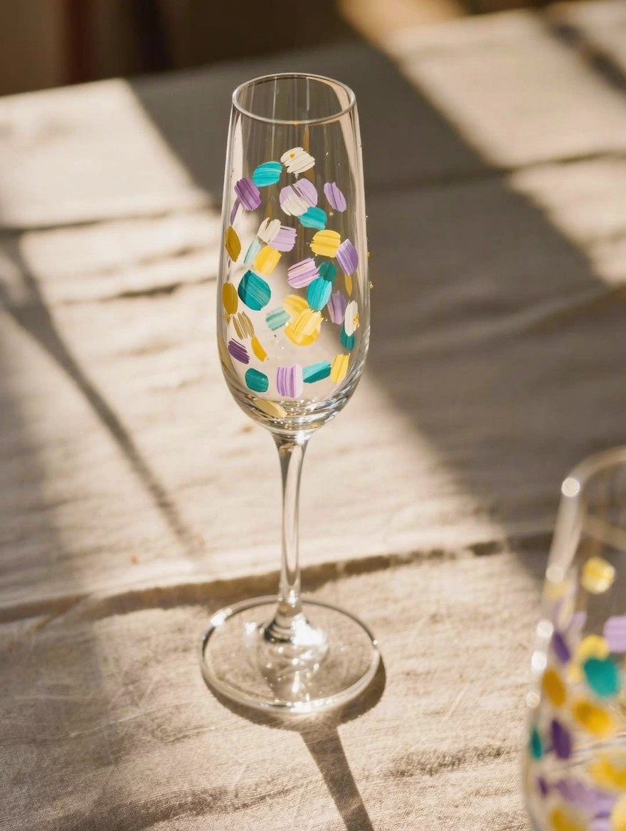 Clear champagne flute painted with scattered multicolored confetti-like dabs in pastel pink, purple, teal, and yellow on the bowl, placed on a light wooden table in sunlight.