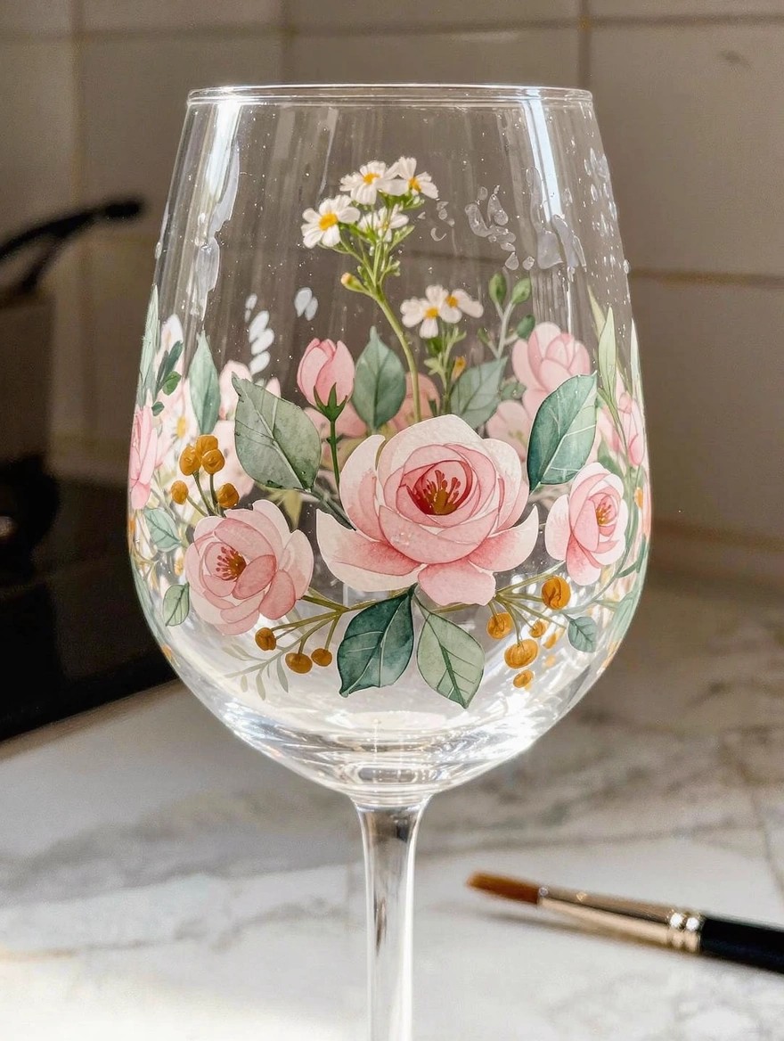 Clear stemmed wine glass hand-painted with pink roses, green leaves, white daisies, and orange berries in a watercolor style, sitting on a white surface next to a brush.