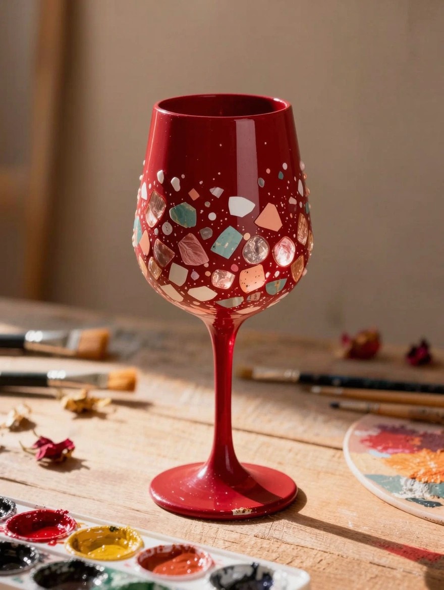 Red stemmed wine glass painted with multicolored terrazzo shards on a wooden table with paints, brushes, and a palette.