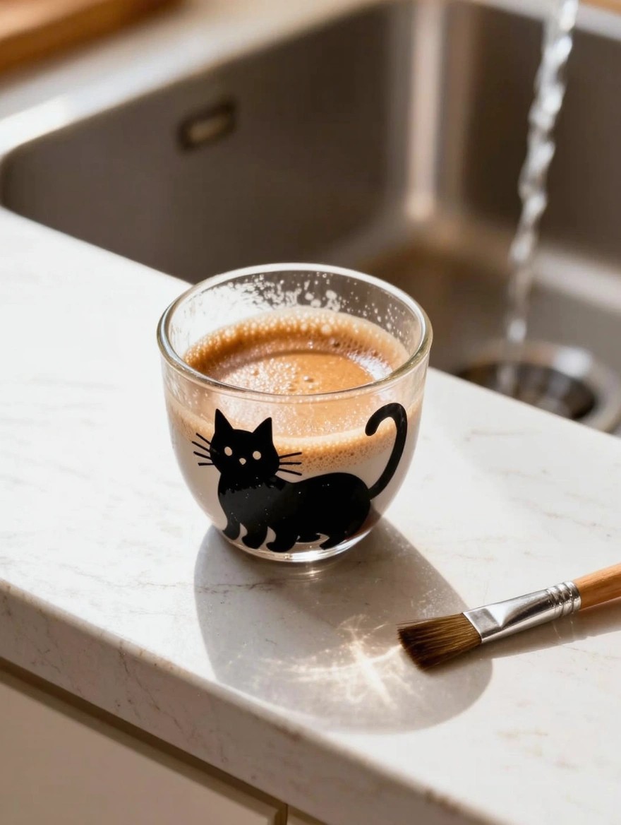Clear glass cup with black painted cat silhouette, filled with frothy brown drink, paintbrush nearby on white countertop by sink.