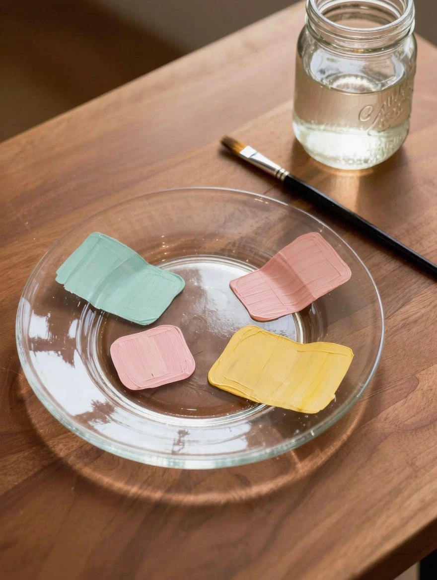 A clear glass plate on a wooden table displays four small rectangular pieces painted solid teal, pink, yellow, and rose, next to a paintbrush and mason jar of water.