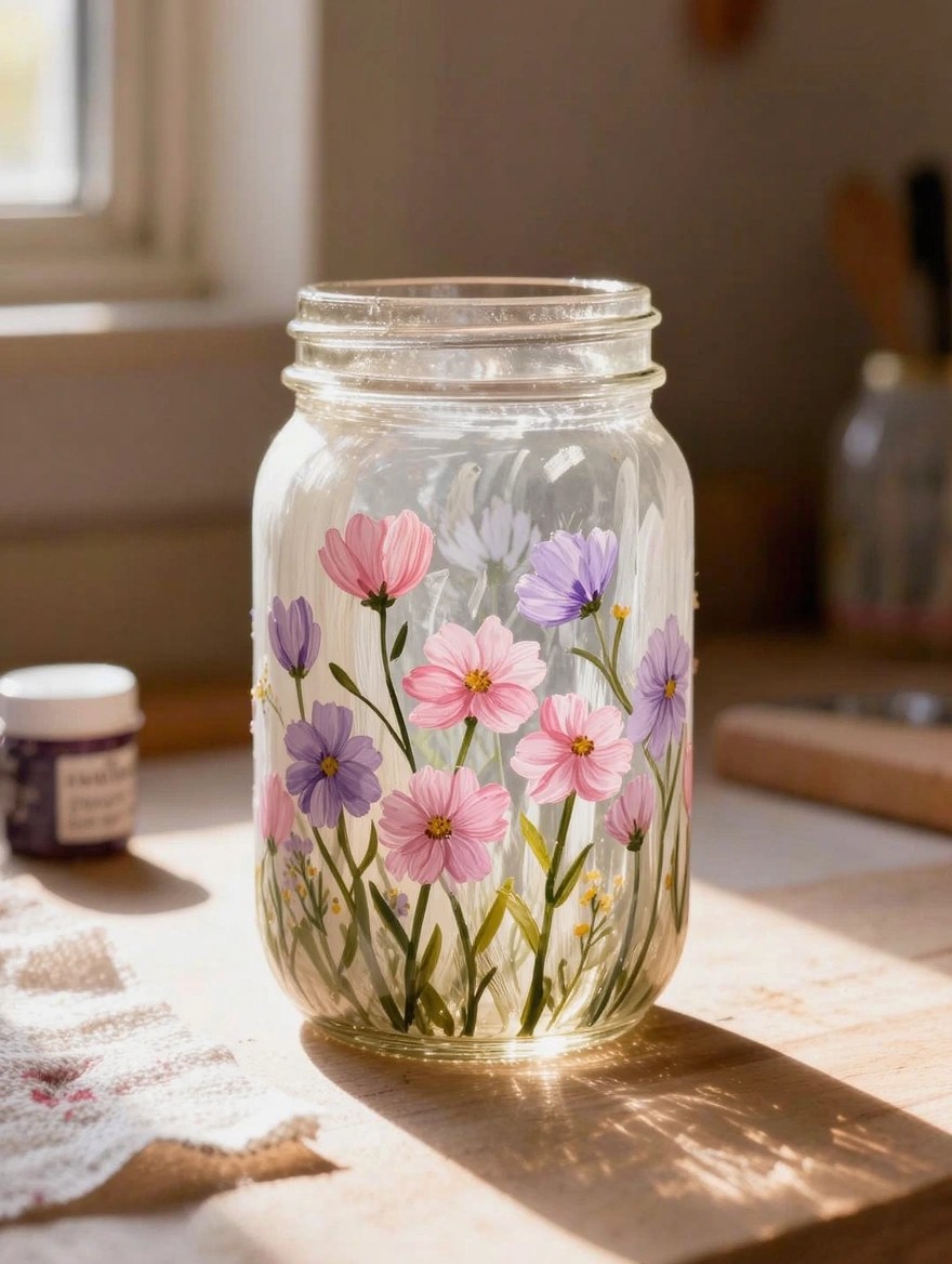 A clear glass mason jar painted with pink and purple cosmos flowers and green stems sits on a wooden kitchen surface next to a small purple paint jar.