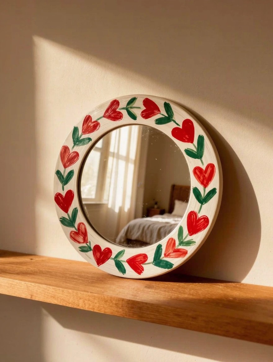 A round white-framed mirror painted with red hearts and green leaves sits on a wooden shelf in sunlight, reflecting a bedroom window.