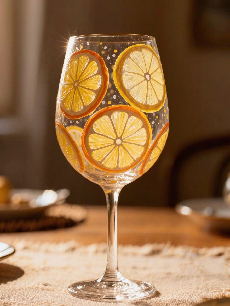 Clear stemmed wine glass hand-painted with yellow and orange lemon slices, dots, and highlights around the bowl on a table.