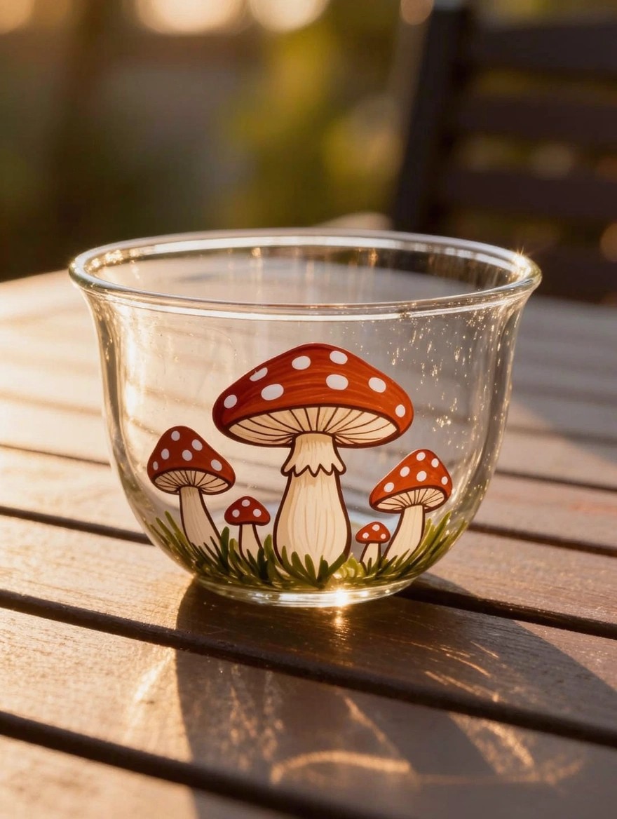 Clear glass tumbler painted with red mushrooms, white spots, and green grass sitting on a wooden table in warm sunlight.
