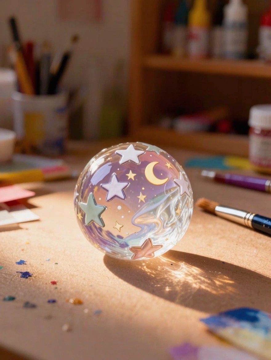 A transparent glass sphere painted with pastel stars and a crescent moon sits on a wooden desk amid art supplies like brushes, paints, and paper.