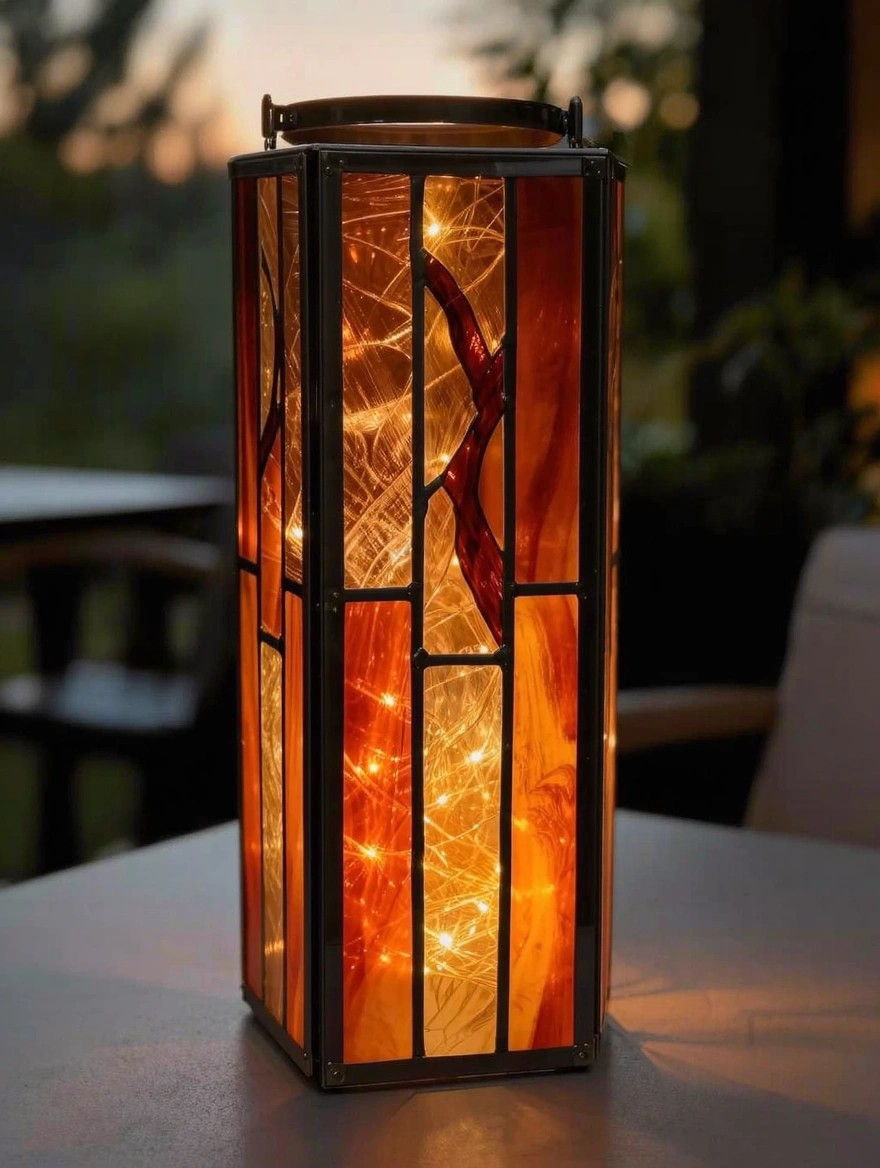 Tall stained glass lantern with abstract swirling orange and amber patterns on four panels, lit from inside with string lights, metal frame and handle, placed on a table at dusk.