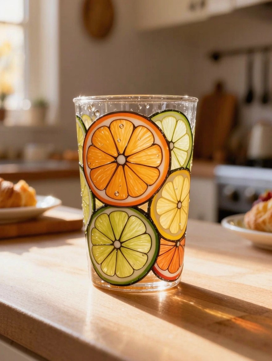 Clear tumbler painted with colorful orange, lemon, and lime slices on a wooden kitchen table next to plates of croissants.