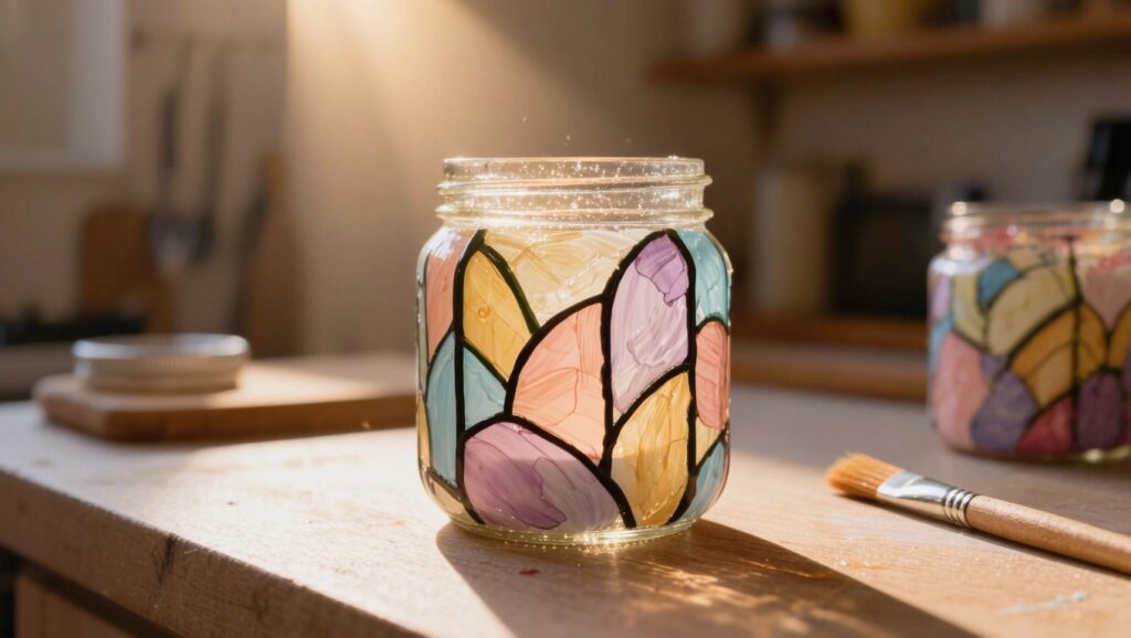 A clear glass mason jar painted with colorful geometric stained glass-style panels holds a lit candle on a wooden surface next to a pink paint jar and brush in a sunlit kitchen.
