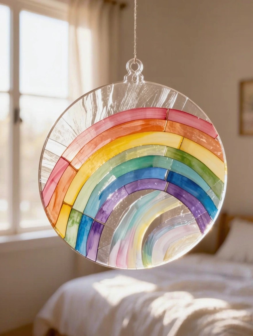 A circular stained glass-style suncatcher with a multicolored rainbow design hangs by a string near a sunlit bedroom window.