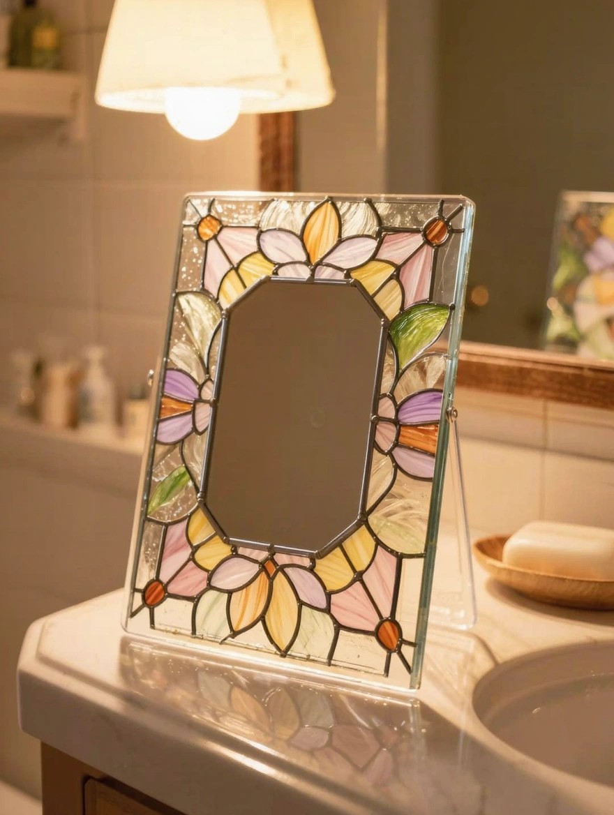 A rectangular glass frame painted in stained glass style with colorful flowers surrounds an oval mirror on a bathroom sink counter.