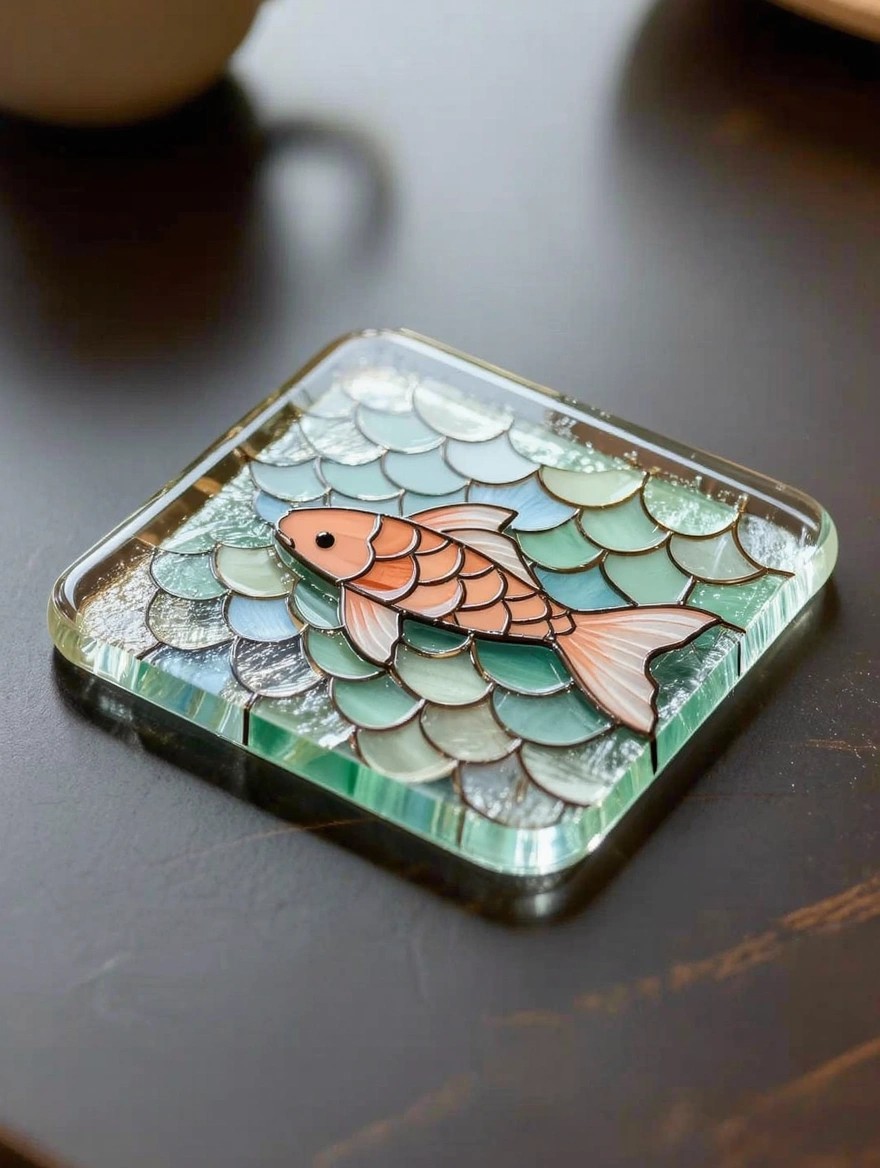 Square clear glass coaster painted with orange koi fish over teal and green translucent scales on a dark table.