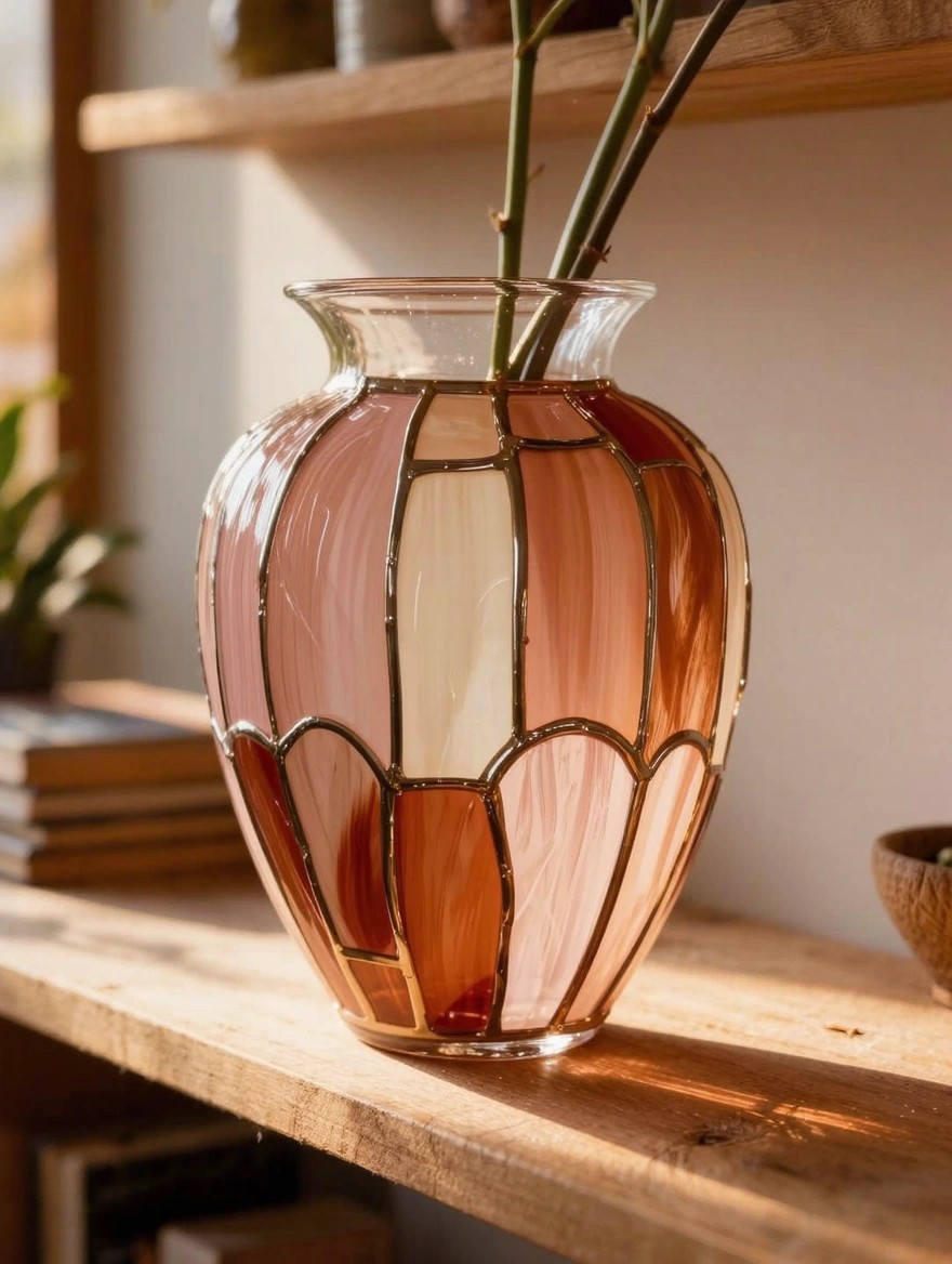 Clear glass vase painted in stained glass style with pink, orange, cream, and amber panels outlined in dark lines, holding plant stems on a wooden shelf by a window.