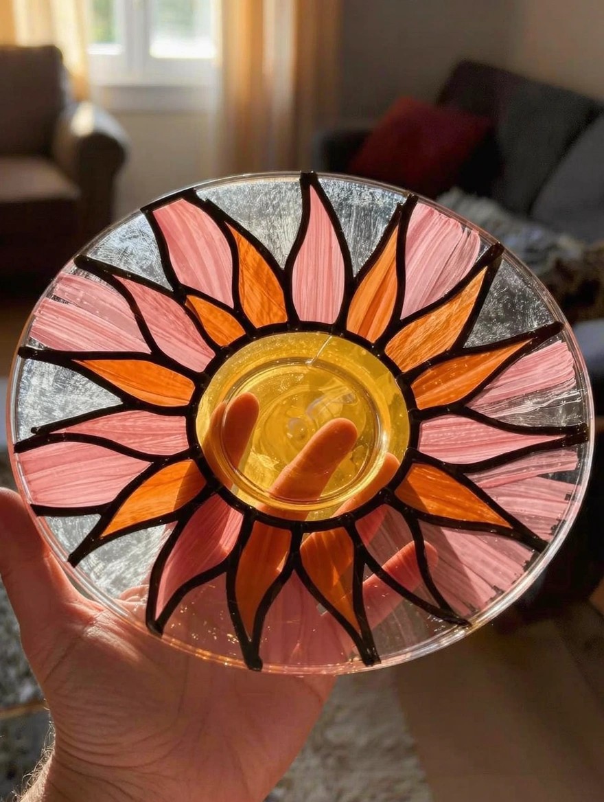 A hand holds a round clear glass plate painted in stained glass style with a yellow-centered sunflower using pink, orange, and black details.