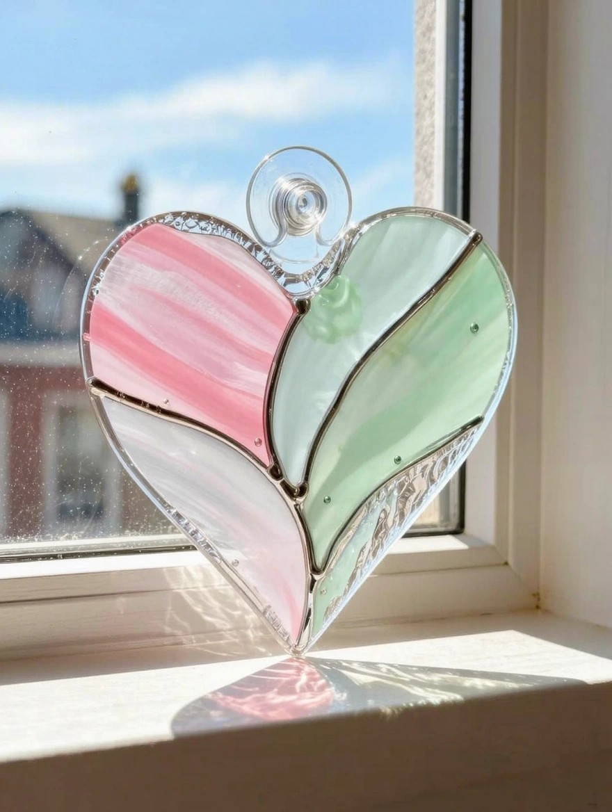 A translucent heart-shaped stained glass suncatcher with pink, green, and white streaky panels hangs in a window on a suction cup.