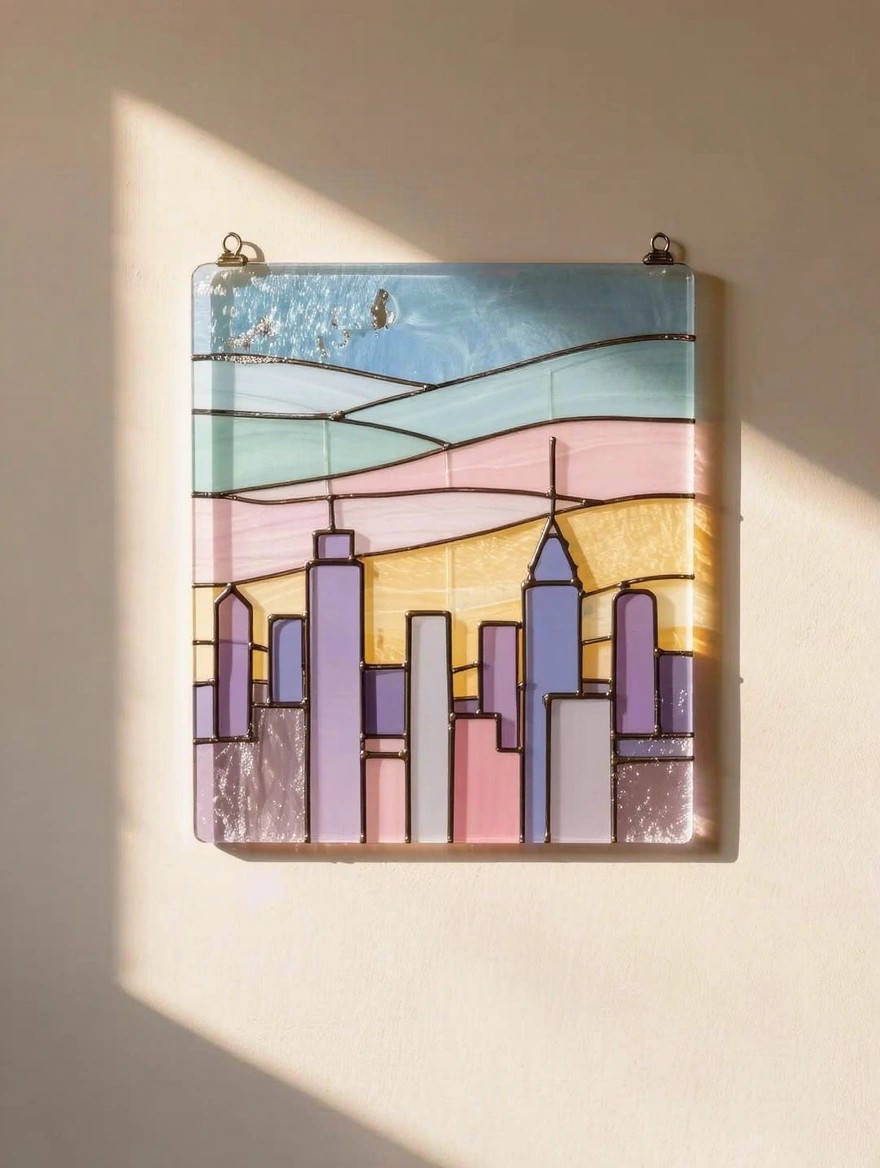 Square translucent stained glass painted panel with purple and blue city skyline, wavy hills, and sky, hung on a beige wall with sunlight highlighting the colors.
