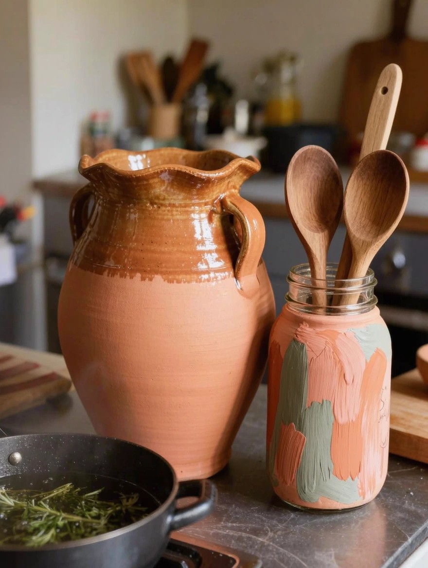 A mason jar painted with abstract pink, orange, teal, and green brushstrokes holds wooden spoons next to a terracotta jug on a kitchen counter.