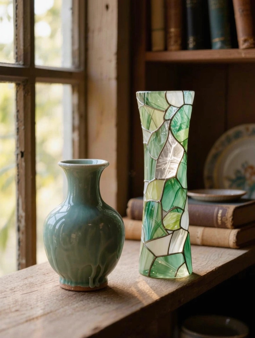Green pear-shaped celadon ceramic vase next to tall green stained-glass patchwork vase on wooden windowsill with books and shelves.