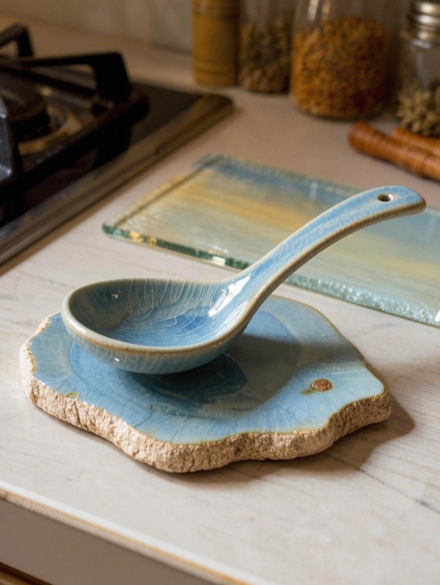 Blue celadon ceramic spoon in matching irregular-edged dish on wooden base next to kitchen stove.