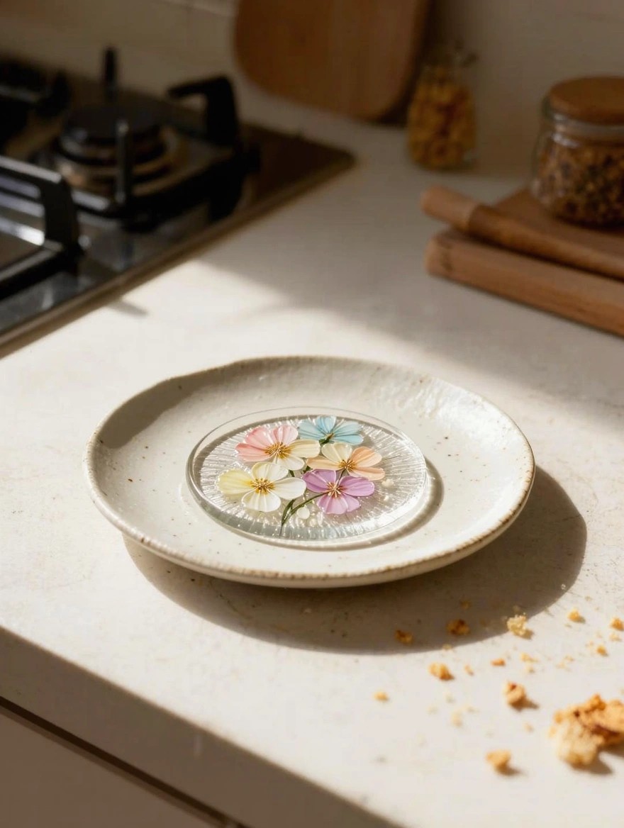 A small handmade beige ceramic plate on a kitchen counter holds a round clear glass disc filled with colorful pressed dried flowers.