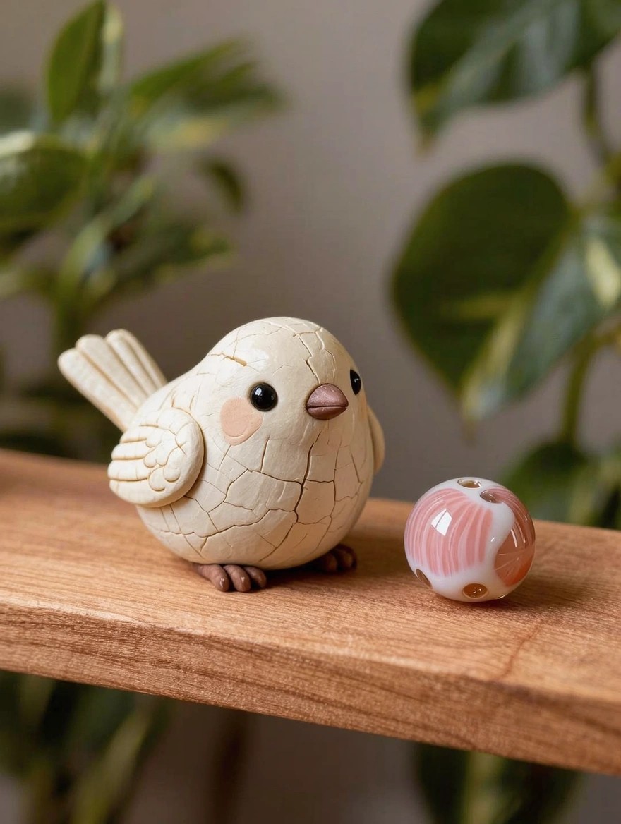 Small white clay bird figurine with cracked eggshell texture on wooden shelf next to pink striped glass bead and green plants.