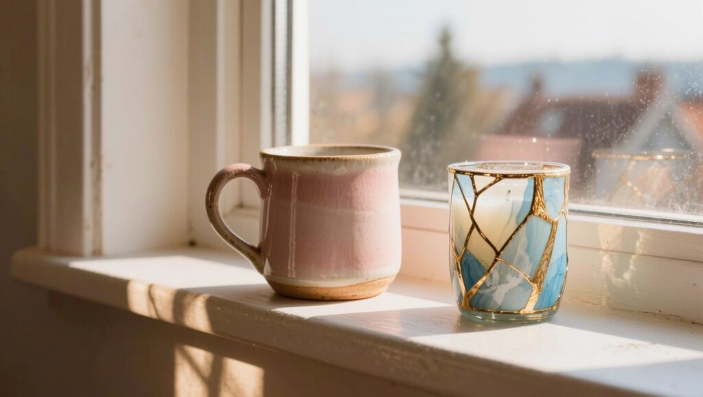 Handmade gray and pink ceramic mug with lit candle inside next to blue glass tumbler with gold kintsugi lines on a windowsill.