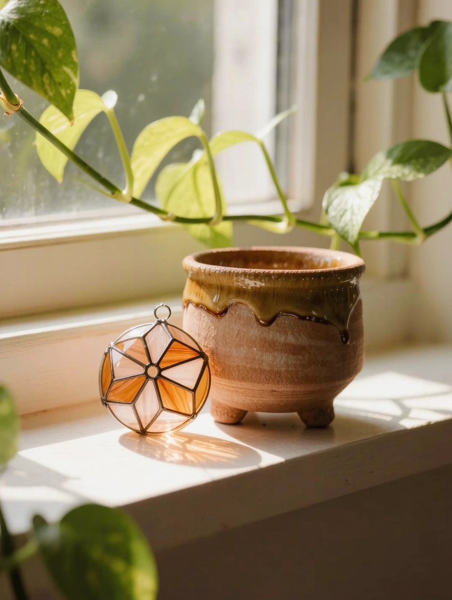 Small footed terracotta pot with yellowish drippy glaze on rim sits on windowsill next to orange stained-glass suncatcher amid trailing green plant vines.