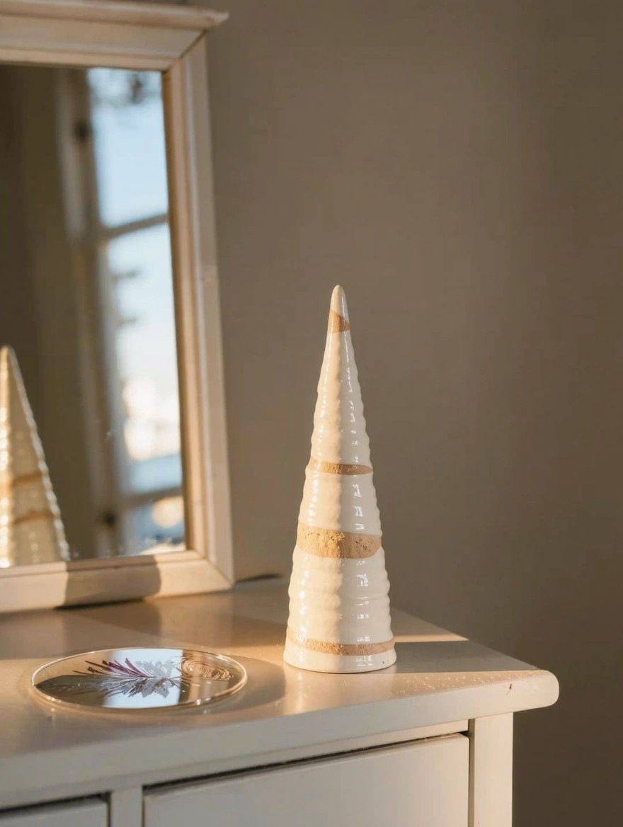 A small white ceramic conical tree with gold stripes on a textured surface sits on a white dresser beside a mirror and a clear glass dish with a feather design.