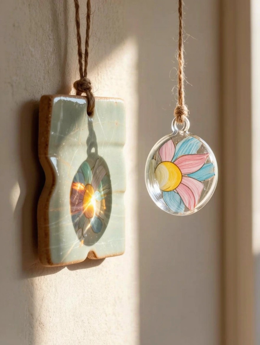 A square greenish ceramic tile with a glowing multicolored flower design hangs by jute ropes next to a clear glass orb painted with a similar pink-blue-yellow daisy, both on a light wall in sunlight.