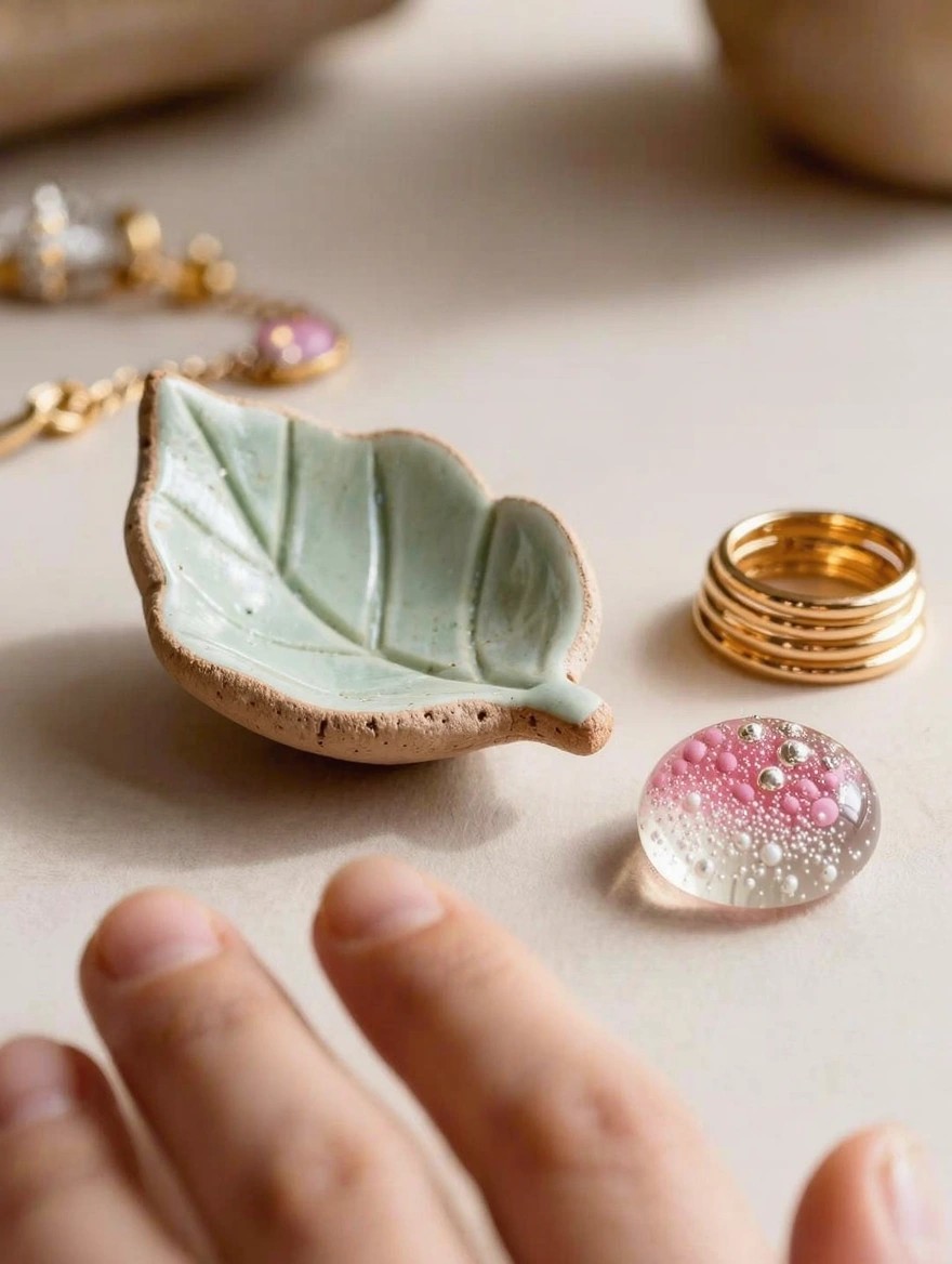 A hand hovers over a pink glass bead with bubbles and silver flecks next to a green-glazed leaf-shaped ceramic dish and stacked gold rings on a beige surface with jewelry chains.