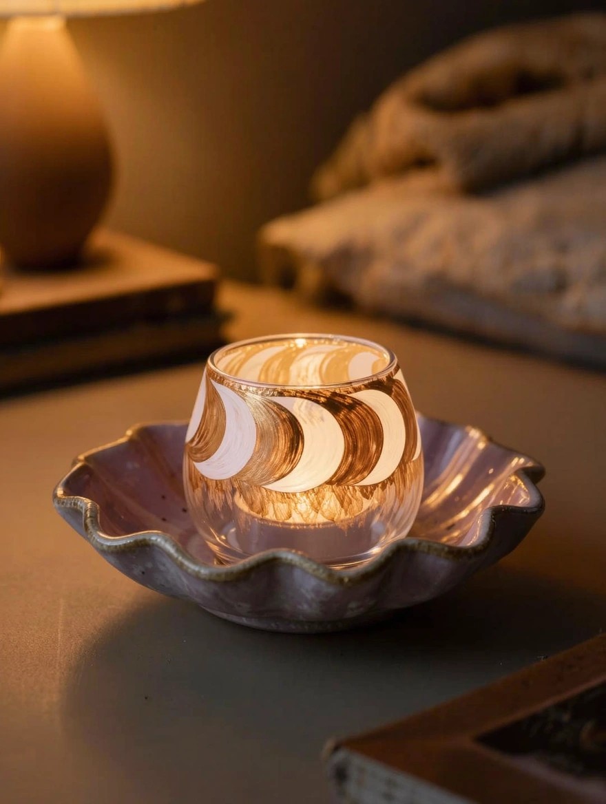 A lit clear glass votive holder painted with gold crescent moons sits in a purple scalloped ceramic dish on a wooden surface next to a lamp and books.