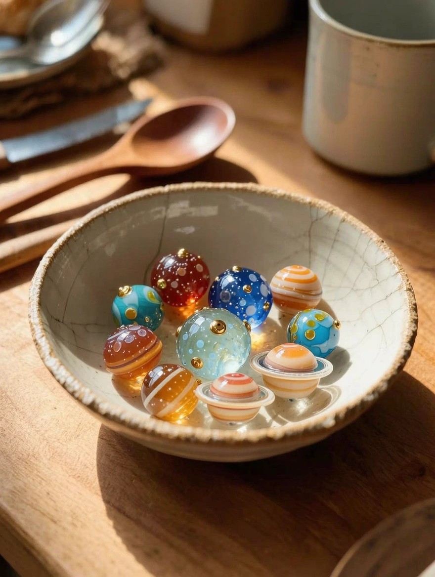 A rustic ceramic bowl on a wooden table holds colorful glass orbs painted like planets in oranges, blues, greens, and whites, surrounded by pottery mugs, spoons, and bread.