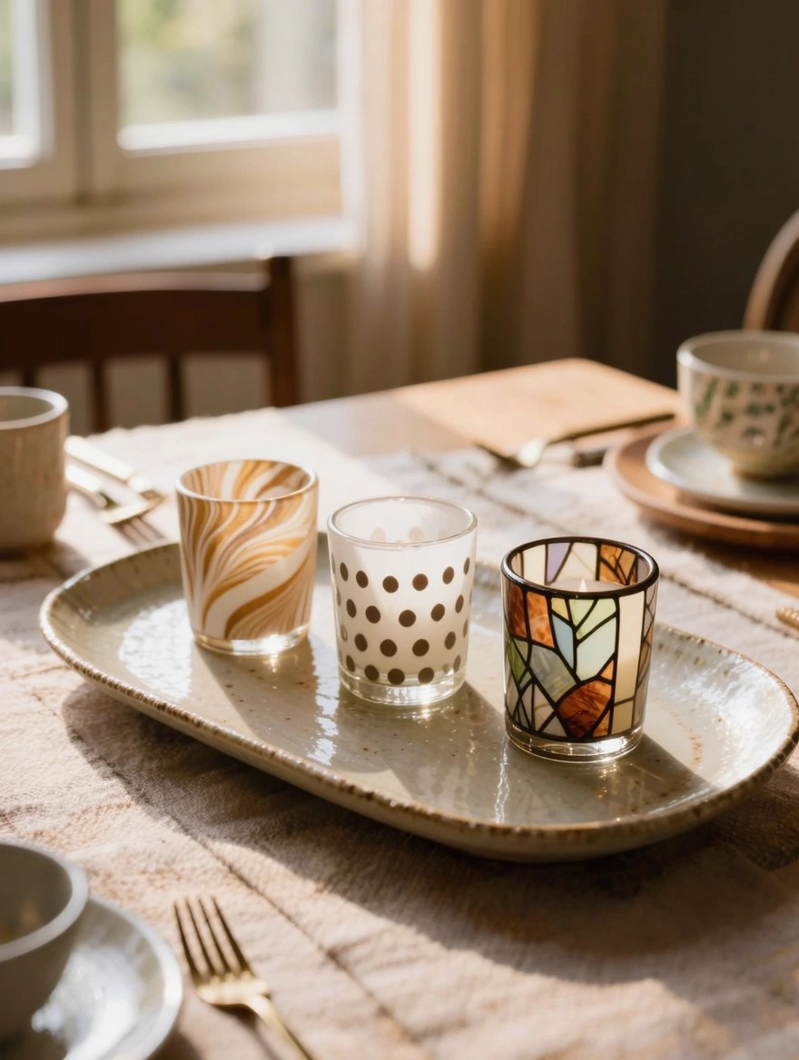 Three glass tealight holders with swirl, polka dot, and stained-glass geometric patterns sit on an oval ceramic tray amid cups and utensils on a wooden table.