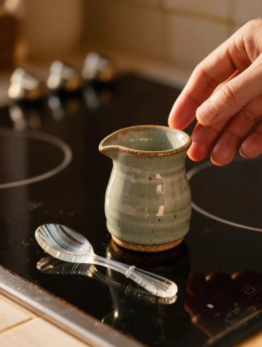 A hand holds a small green ceramic creamer with textured glaze on a black induction cooktop next to a clear plastic spoon.