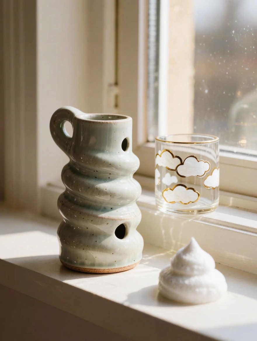 A tall handmade green ceramic pitcher with wavy stacked form, pierced holes, and loop handle sits on a windowsill next to a gold-rimmed clear glass tumbler painted with white clouds and a small white foam puff.